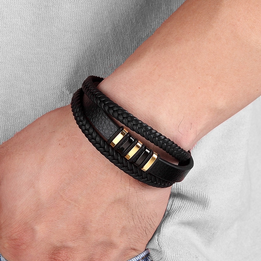 Neue 3 Schichten Schwarz Gold Punk Stil Design Echtes Leder Armband für Männer Stahl Magnetische Taste Geburtstag Geschenk Männlichen Armbänder Neue 3 Schichten Schwarz Gold Punk Stil Design Echtes Leder Armband für Männer Stahl Magnetische Taste Geburtstag Geschenk Männlichen Armbänder