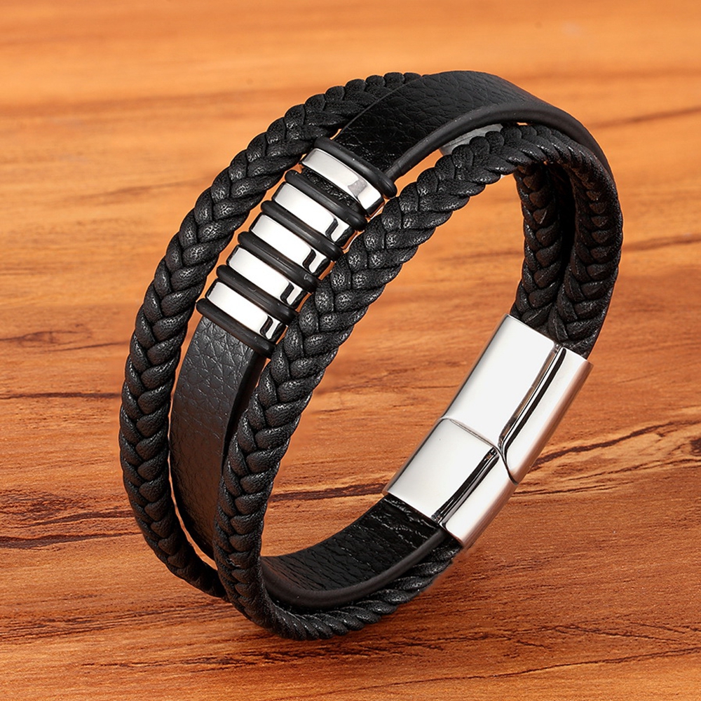 Neue 3 Schichten Schwarz Gold Punk Stil Design Echtes Leder Armband für Männer Stahl Magnetische Taste Geburtstag Geschenk Männlichen Armbänder Neue 3 Schichten Schwarz Gold Punk Stil Design Echtes Leder Armband für Männer Stahl Magnetische Taste Geburtstag Geschenk Männlichen Armbänder