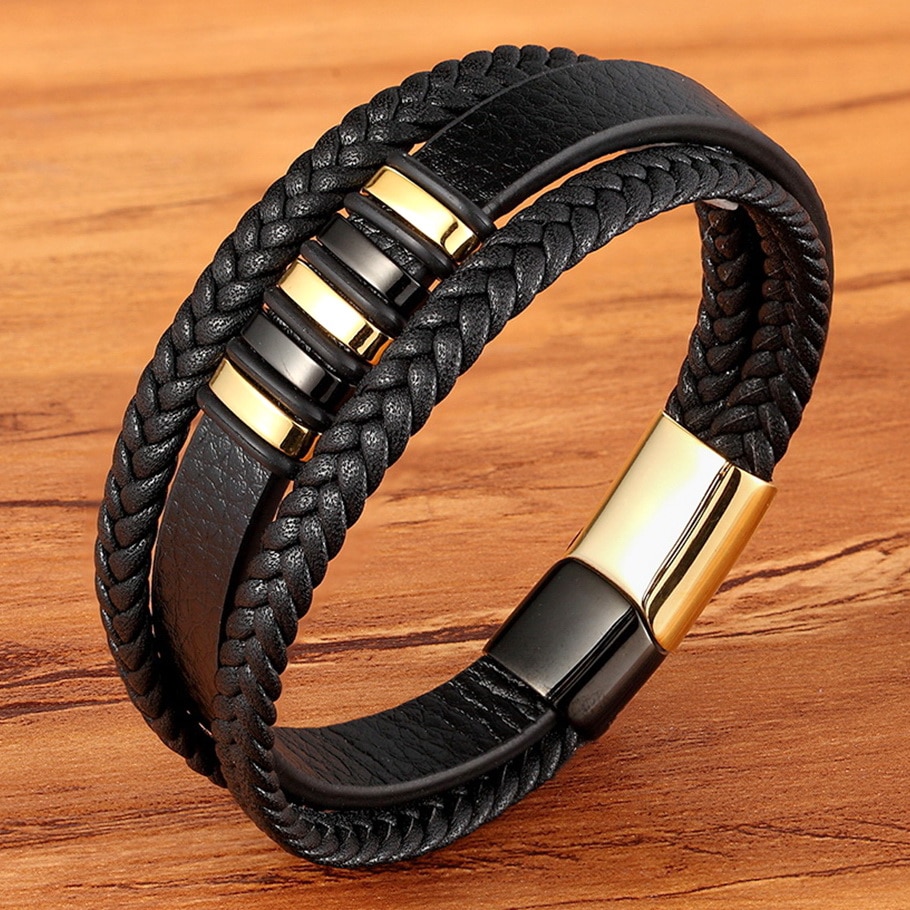Neue 3 Schichten Schwarz Gold Punk Stil Design Echtes Leder Armband für Männer Stahl Magnetische Taste Geburtstag Geschenk Männlichen Armbänder Neue 3 Schichten Schwarz Gold Punk Stil Design Echtes Leder Armband für Männer Stahl Magnetische Taste Geburtstag Geschenk Männlichen Armbänder