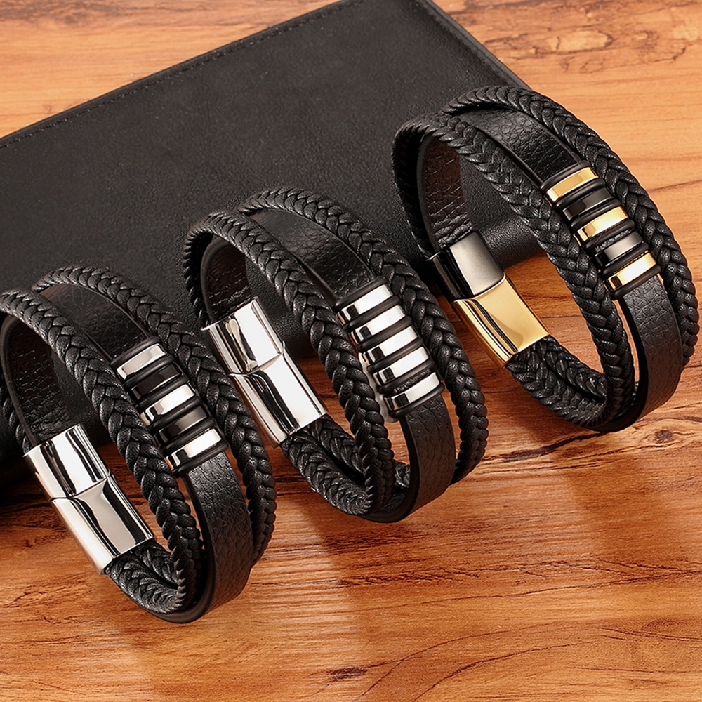 Neue 3 Schichten Schwarz Gold Punk Stil Design Echtes Leder Armband für Männer Stahl Magnetische Taste Geburtstag Geschenk Männlichen Armbänder Neue 3 Schichten Schwarz Gold Punk Stil Design Echtes Leder Armband für Männer Stahl Magnetische Taste Geburtstag Geschenk Männlichen Armbänder