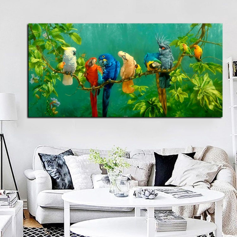 Künstlerische Papagei Vogel auf Ästen Holz Landschaft Ölgemälde auf Leinwand Poster Drucken Wand Bild Für Wohnzimmer Cuadros Decor Künstlerische Papagei Vogel auf Ästen Holz Landschaft Ölgemälde auf Leinwand Poster Drucken Wand Bild Für Wohnzimmer Cuadros Decor