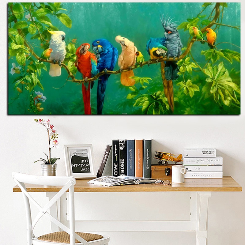 Künstlerische Papagei Vogel auf Ästen Holz Landschaft Ölgemälde auf Leinwand Poster Drucken Wand Bild Für Wohnzimmer Cuadros Decor Künstlerische Papagei Vogel auf Ästen Holz Landschaft Ölgemälde auf Leinwand Poster Drucken Wand Bild Für Wohnzimmer Cuadros Decor